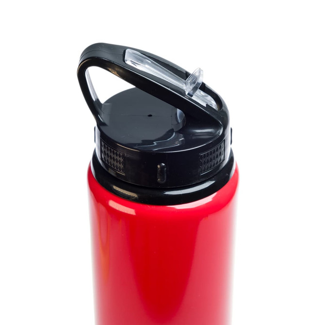 A drink bottle featuring a sleek red design with a flip straw lid for easy access.
