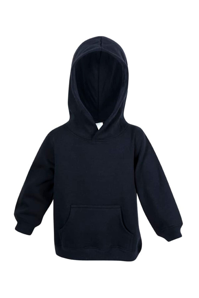 A navy baby fleece hoodie featuring a front pocket and a hood, with a label and no visible branding.