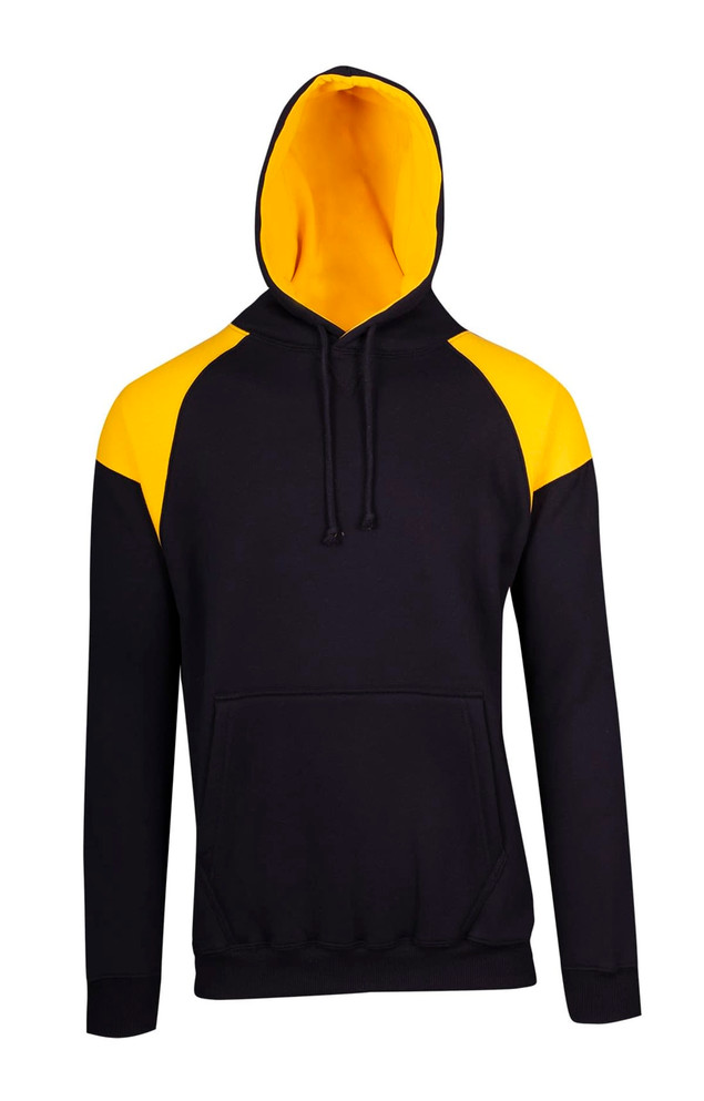 A black hoodie featuring contrasting yellow panels on the shoulders and an inner hood, with a front pocket and hood drawstrings.