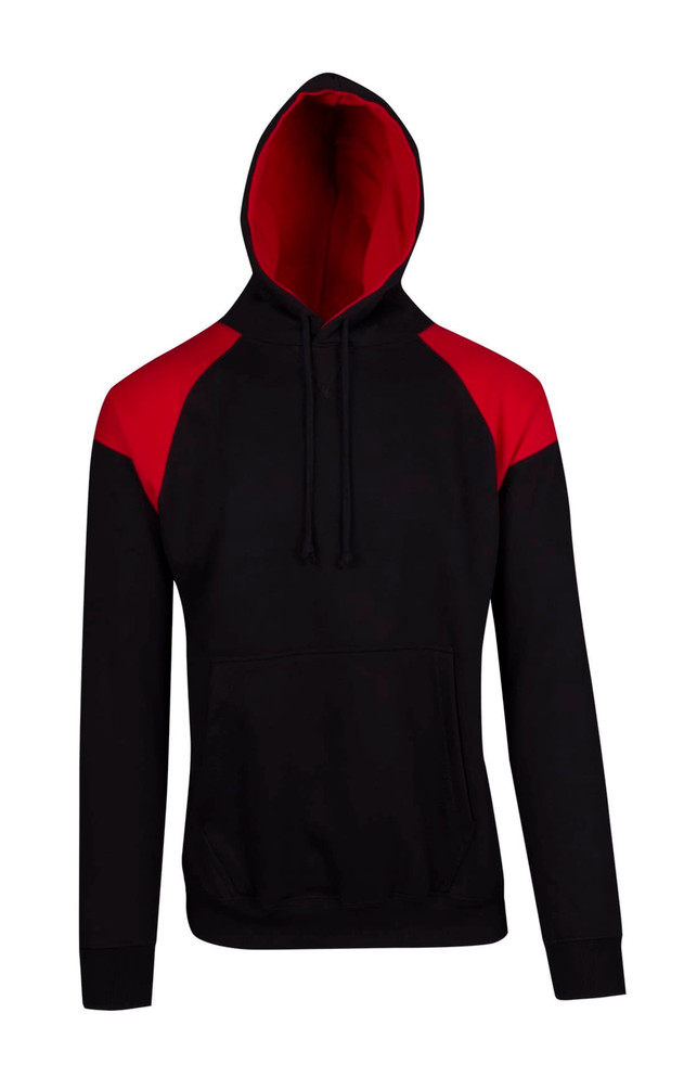 A men's hoodie featuring a black body with red contrast panels on the shoulders and a hood. It includes a front pocket and a logo.