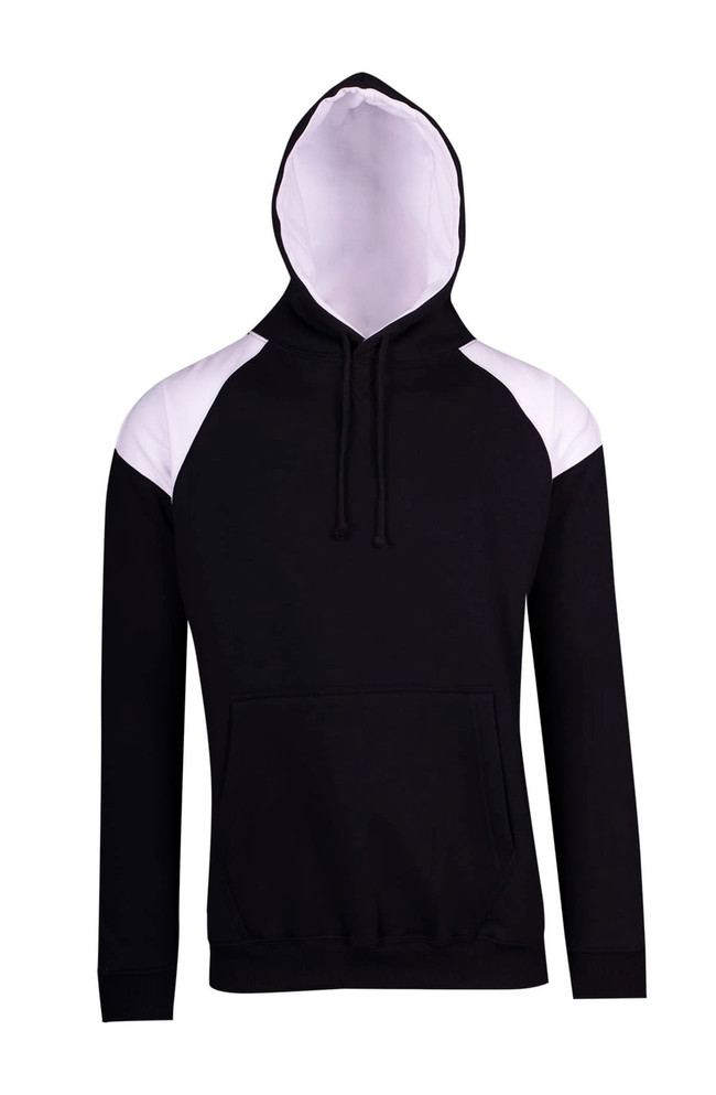 A black hoodie with white contrast panels on the shoulders and a front pocket. It features a hood and drawstrings.
