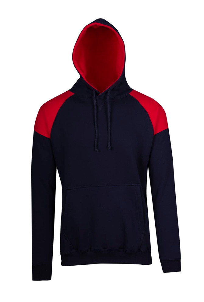 A navy blue hoodie with red contrast panels on the shoulders and a hood. It features a front pocket and a logo.