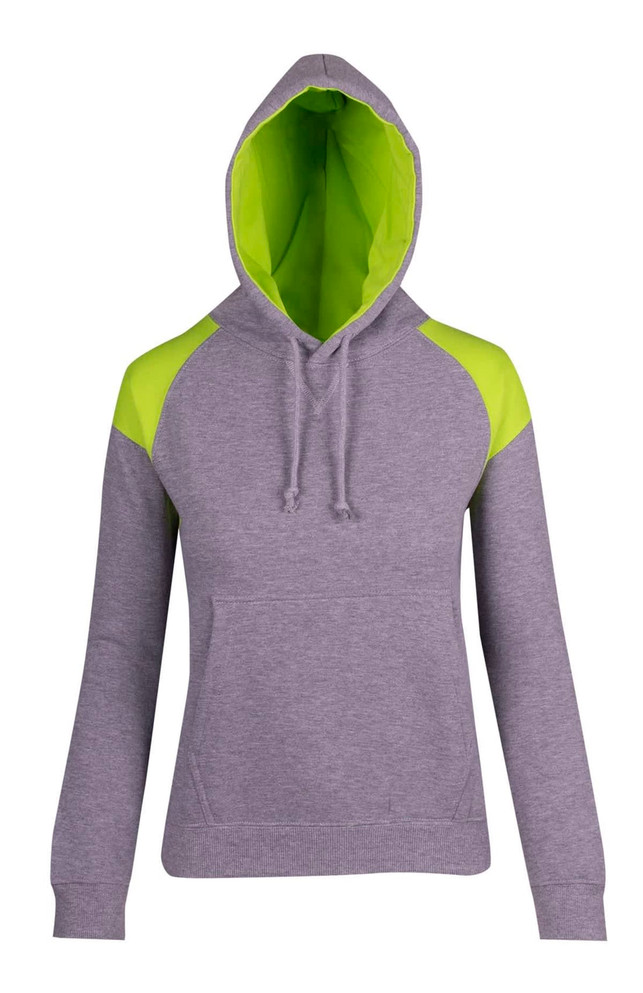A grey hoodie with contrasting bright green panels on the shoulders and inside the hood. It features a front pocket and a hood.