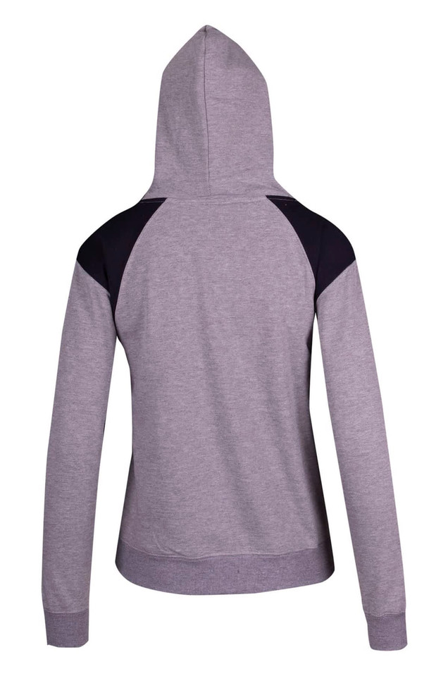 A grey hoodie with black contrast panels on the shoulders and a hood, featuring a logo on the back.