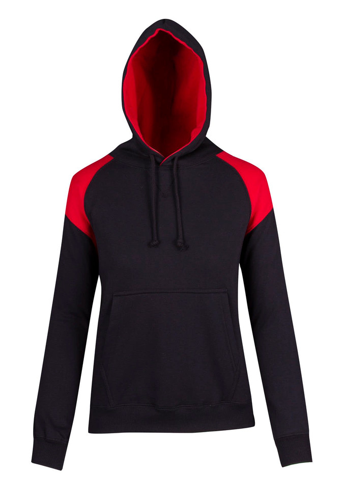 A hooded jumper featuring a black body with contrasting red panels on the shoulders. Includes a front pocket and a hood.