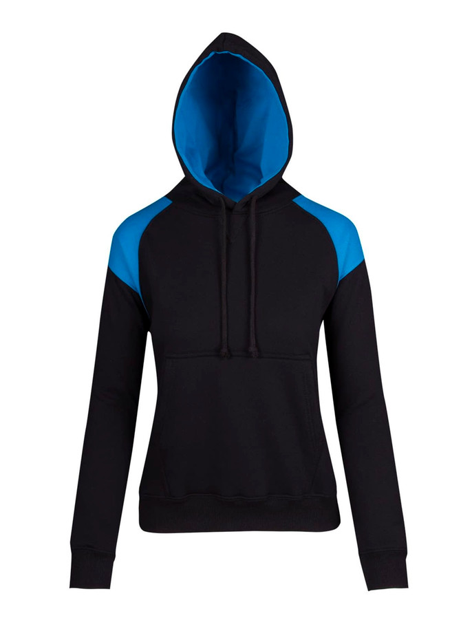 A black hoodie with contrast blue panels on the shoulders and a blue interior, featuring a hood and front pocket.