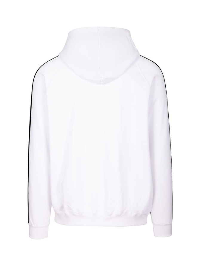 A white hoodie with stripe sleeves and a logo. Features a hood and ribbed cuffs.