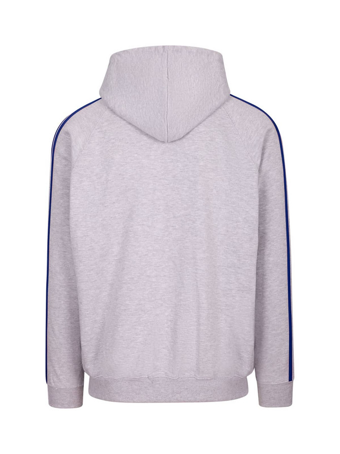 A grey hoodie with stripe sleeves and a hood, featuring a logo on the back.