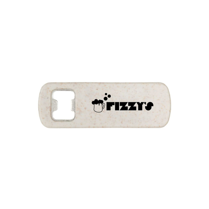 A drink bottle opener in white with a textured finish and a logo. It features a rectangular shape for easy handling.