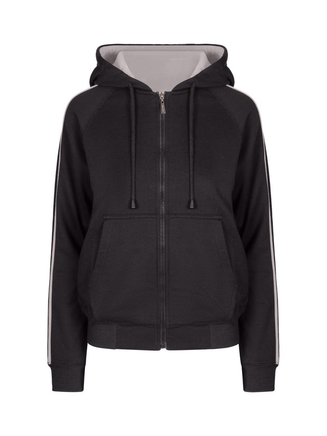A black women's junior hoodie with stripe sleeves, featuring a zip closure and front pockets. It has a logo.