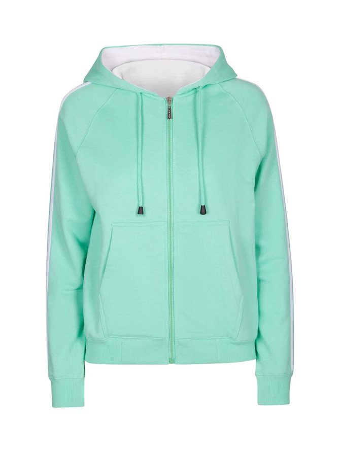 A mint green hoodie with stripe sleeves, featuring a zip closure and front pockets. It includes a logo.