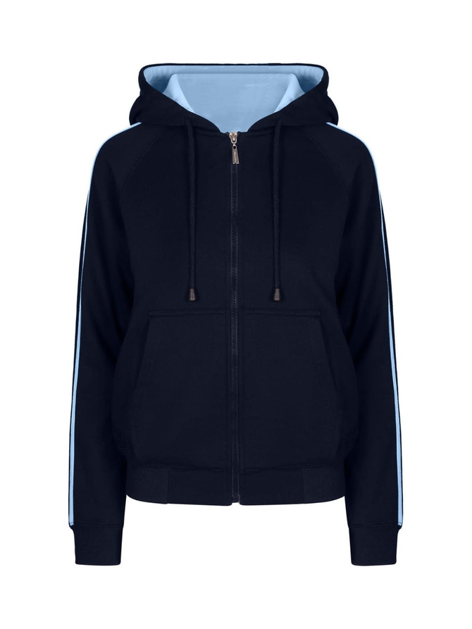 A navy hoodie with light blue stripe sleeves and a front zip, featuring a hood and front pockets.