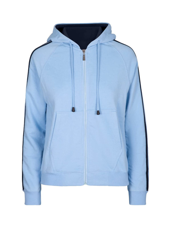 A light blue hoodie with stripe sleeves, featuring a zip front and a kangaroo pocket. It has a hood and logo branding.