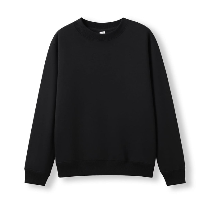 A black sweater featuring a crew neck design and long sleeves, suitable for kids. It has a logo on the front.