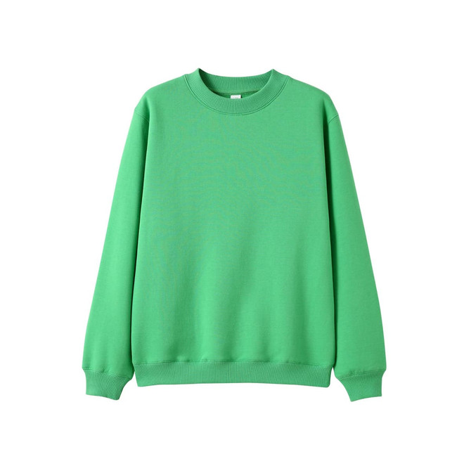 A green crew neck jumper with long sleeves and a ribbed collar. Features a logo on the front.