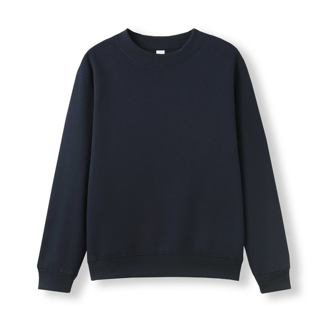A navy blue kids' crew neck jumper with long sleeves and ribbed cuffs, featuring a logo on the front.