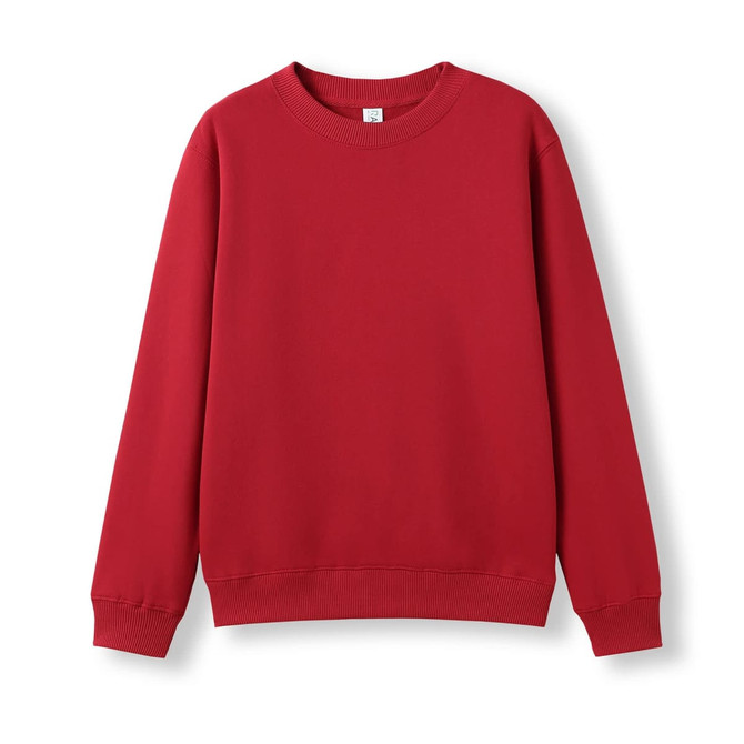 A red crew neck jumper featuring long sleeves and ribbed cuffs. The item includes a logo.