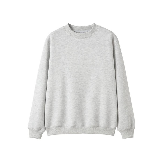 A grey crew neck jumper featuring long sleeves and ribbed cuffs, ideal for kids. It includes a logo.