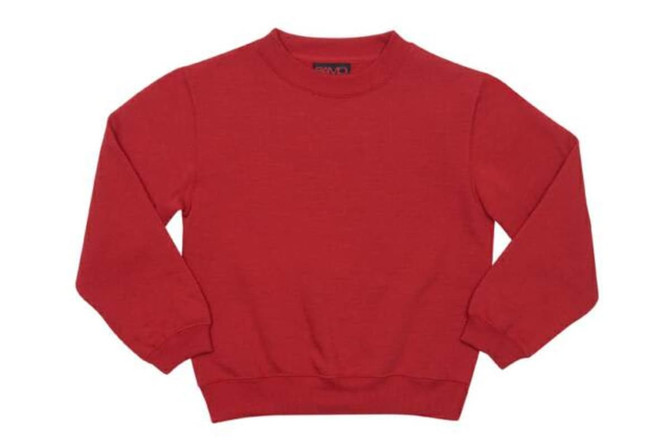 A red crew neck jumper with long sleeves, featuring a simple design and an interior label with branding.