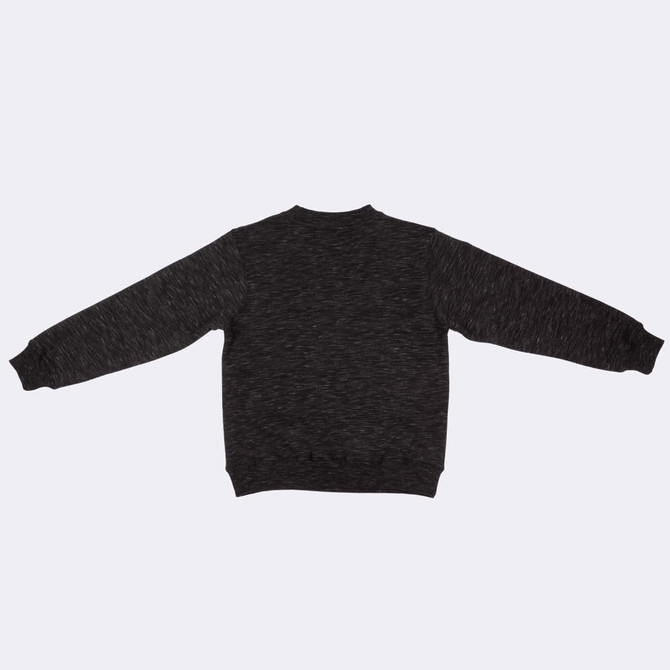 A black kids’ crew neck jumper featuring long sleeves and a textured pattern, with a logo on the back.