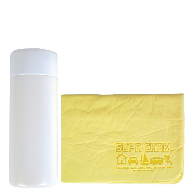 A white cylindrical tube with a yellow chamois cloth displayed beside it, featuring a logo.