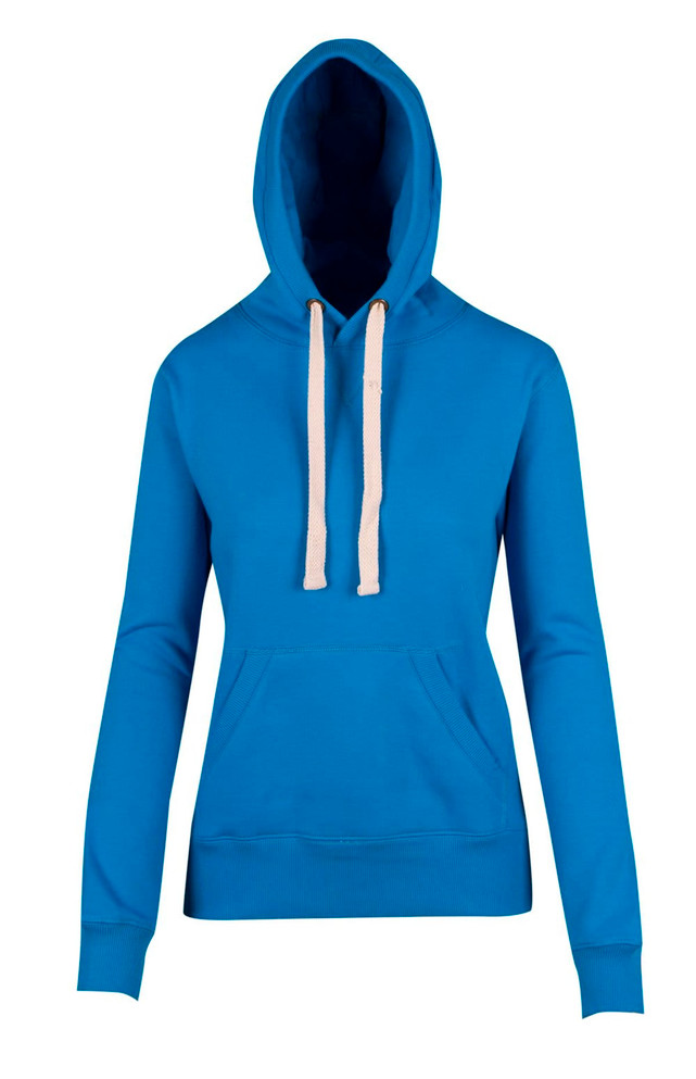 A blue women's heavy fleece hoodie featuring a front pocket and a hood with cream drawstrings.