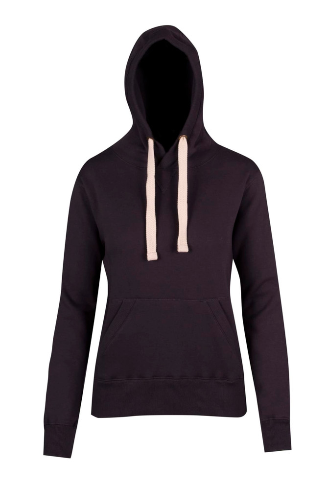 A women's juniors heavy fleece hoodie in black with a front pocket and contrasting cream drawstrings.