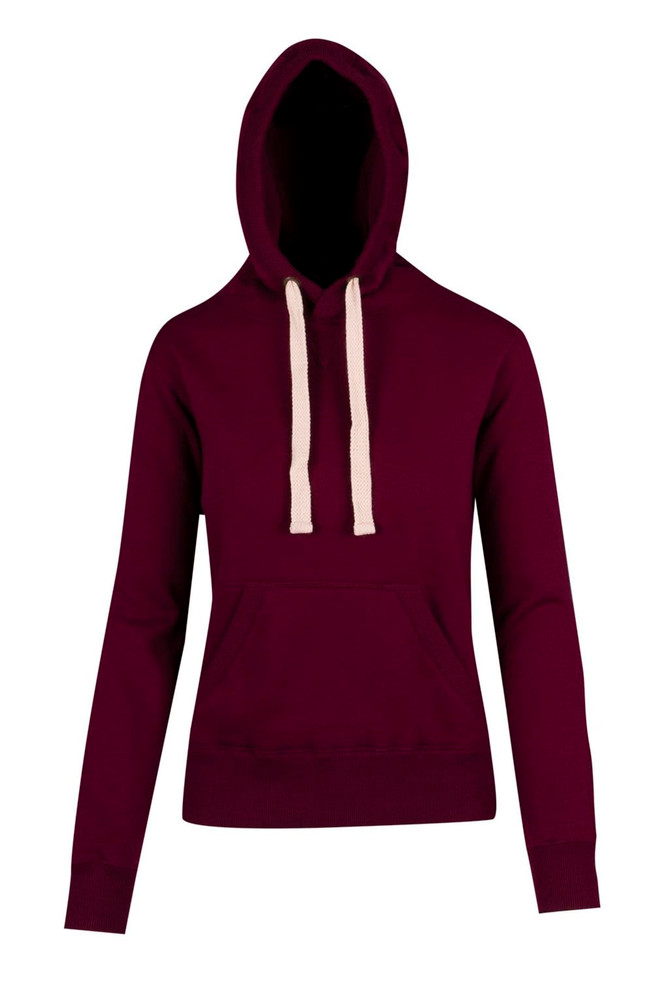 A burgundy heavy fleece hoodie featuring a front pocket and a hood with cream drawstrings. It has a logo visible.