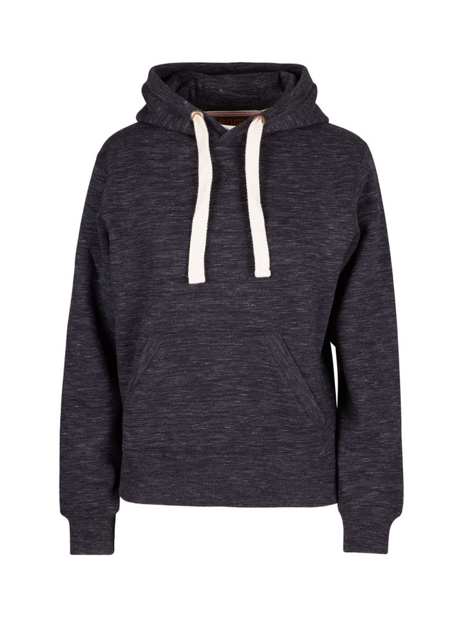 A women's junior heavy fleece hoodie in dark grey with a kangaroo pocket and contrasting drawstrings.