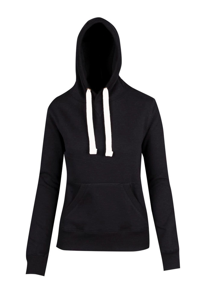 A black women's juniors heavy fleece hoodie featuring a front pocket and white drawstrings. It includes a logo.