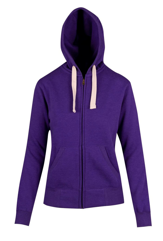 A purple heavy zip fleece hoodie with a hood and contrasting drawstrings. Features a front zip and long sleeves.