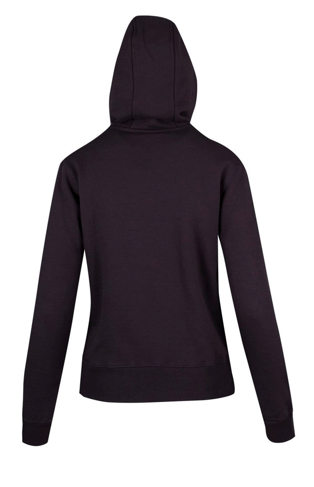 A black women's juniors heavy fleece hoodie featuring a hood and ribbed cuffs and hem. Includes a logo.