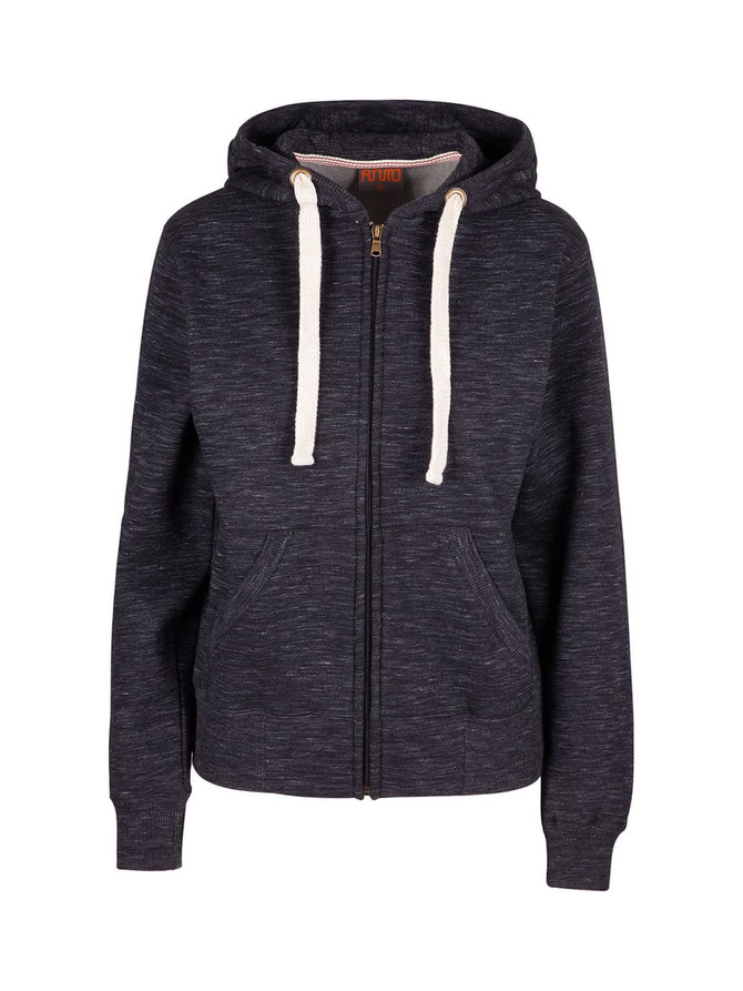 A dark grey heavy zip fleece hoodie with a hood and cream drawstrings, featuring two front pockets and a logo.