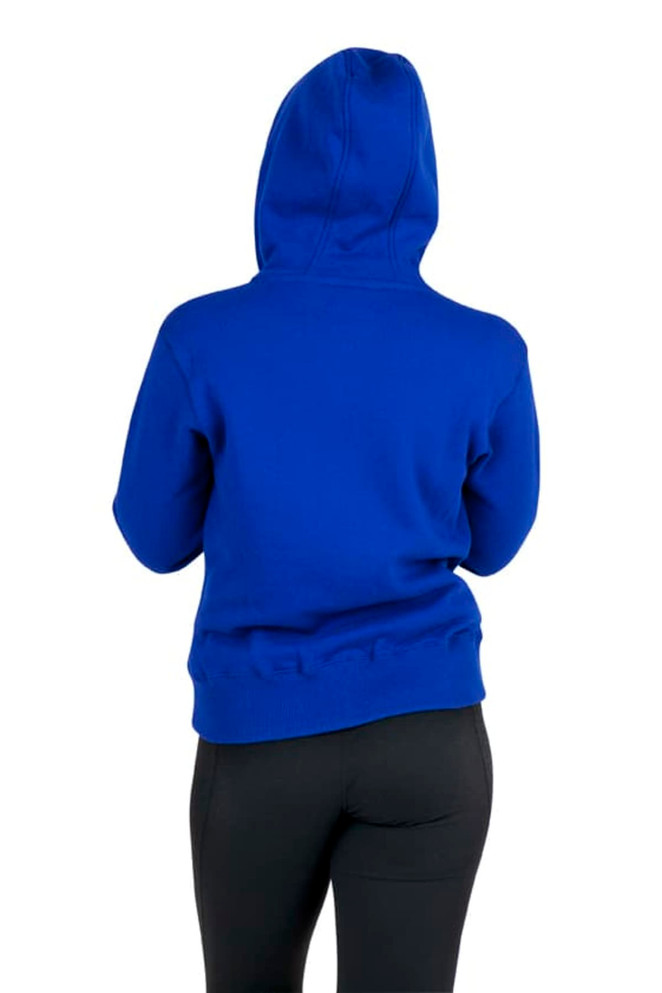 A blue women's/junior heavy zip fleece hoodie with a hood, viewed from the back.