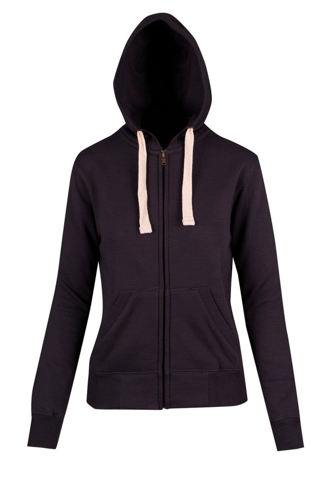 A black heavy zip fleece hoodie with a hood and cream drawstrings, featuring front pockets and a brand logo.