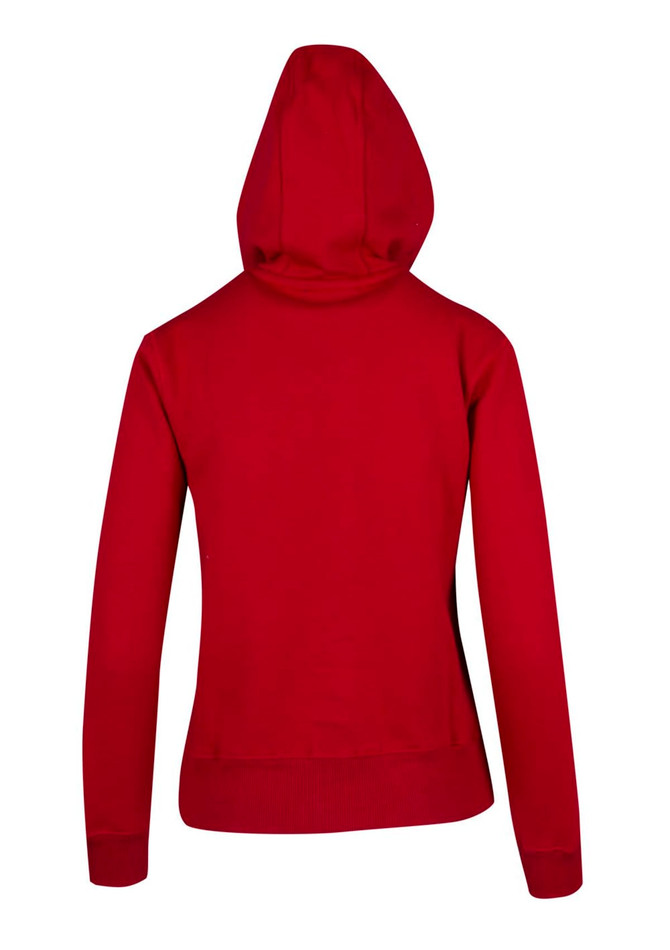 A red women's junior heavy zip fleece hoodie featuring a hood and a fitted design at the back.