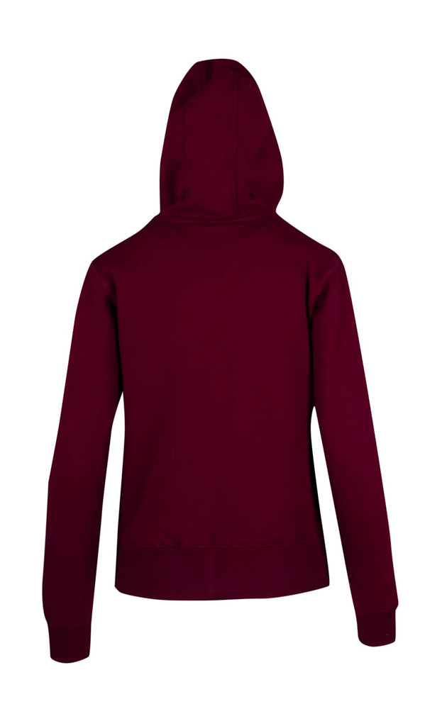 A maroon women's junior heavy zip fleece hoodie with a hood and ribbed cuffs. Features a logo on the back.