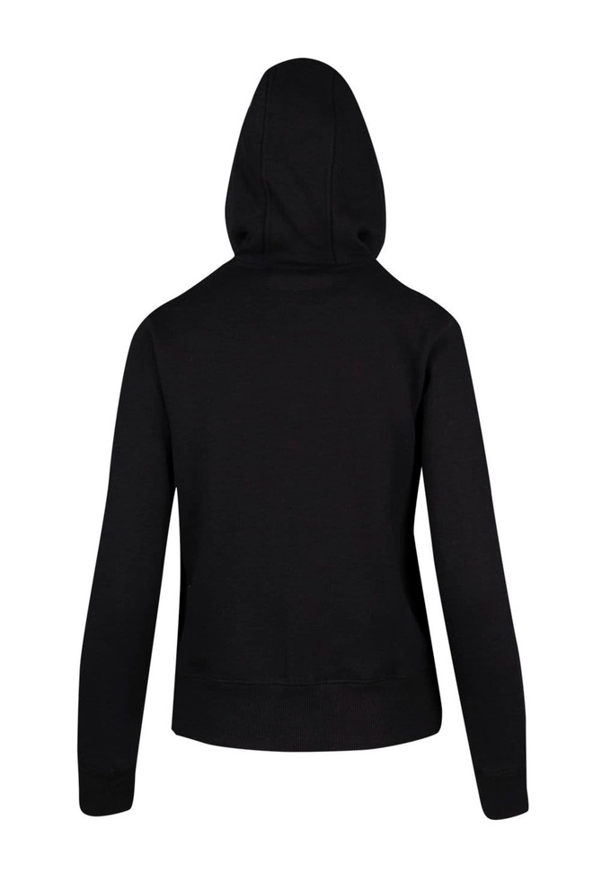A black women's junior heavy zip fleece hoodie with a hood and long sleeves, featuring a rear view design.