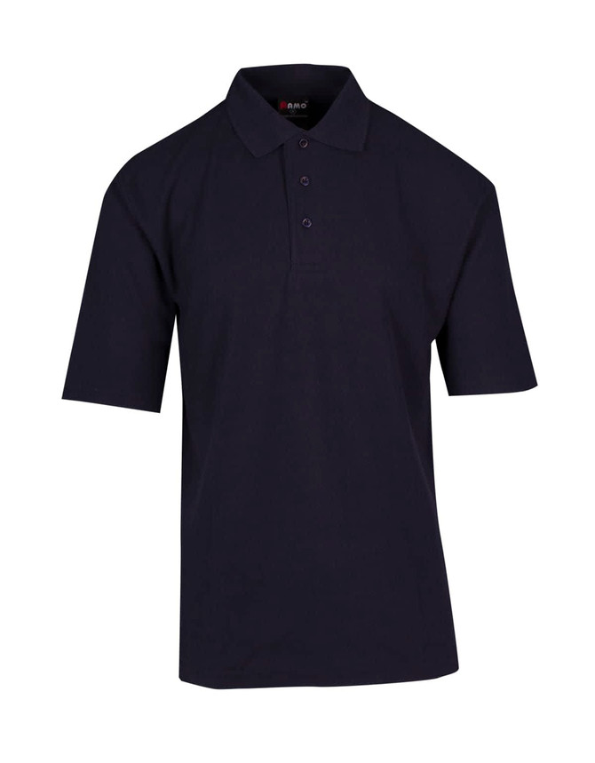 A dark navy polo shirt with a collar and short sleeves featuring a logo.