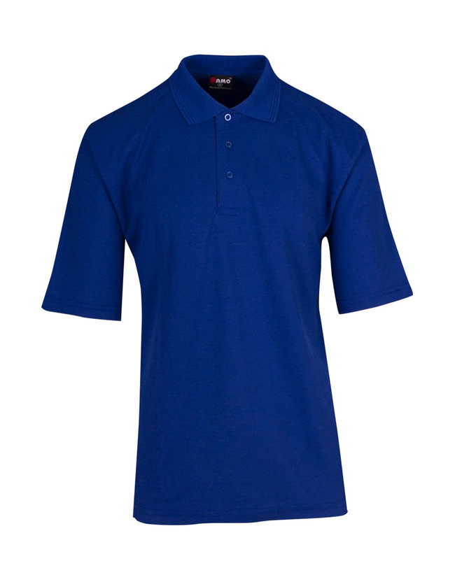A royal blue polo shirt with a collar, short sleeves, and a logo on the chest area.
