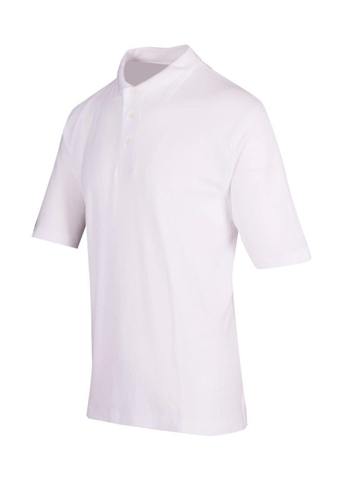 A white men's regular pique knit polo shirt with a collar and short sleeves. It features branding on the fabric.