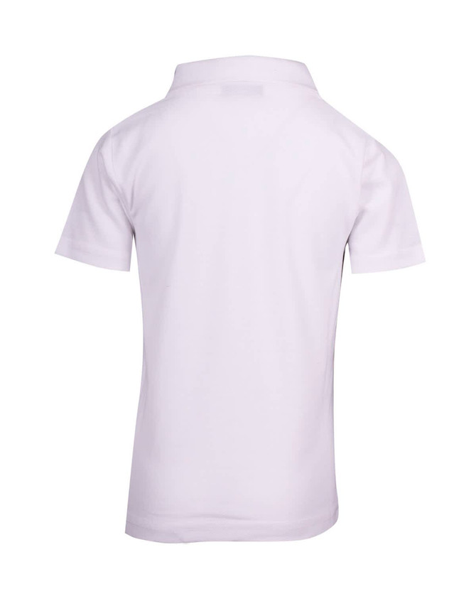 A white kid's pique polo shirt featuring a standard collar and short sleeves, with a logo on the back.