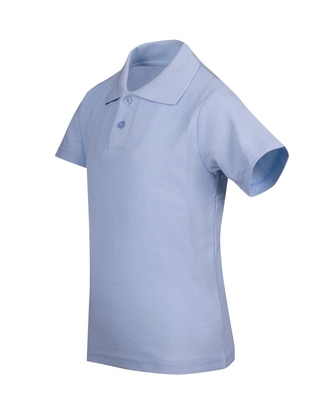 A light blue kid's pique polo shirt with a collar and short sleeves, featuring buttons and a logo.