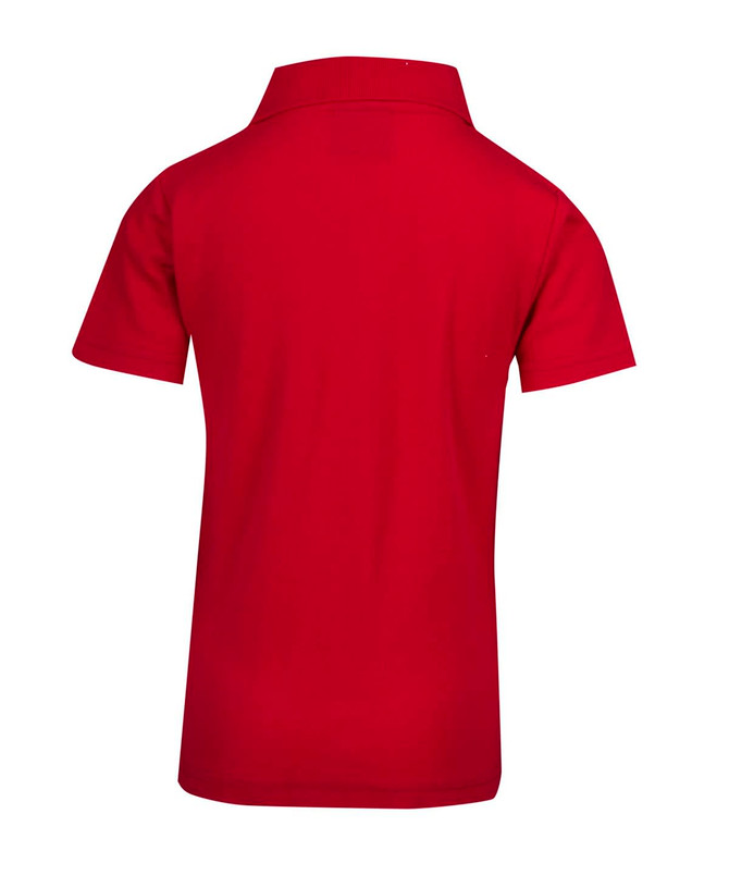 A red kid's pique polo shirt featuring a collar and short sleeves, with no visible branding.