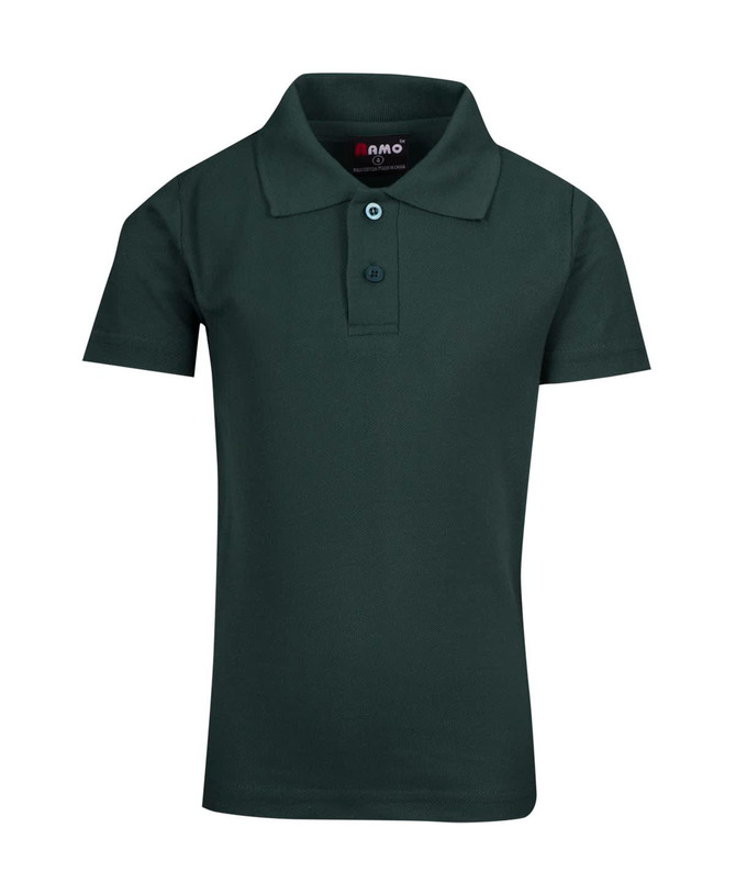 A green kid's pique polo shirt with a classic collar and button placket. It features a logo on the front.