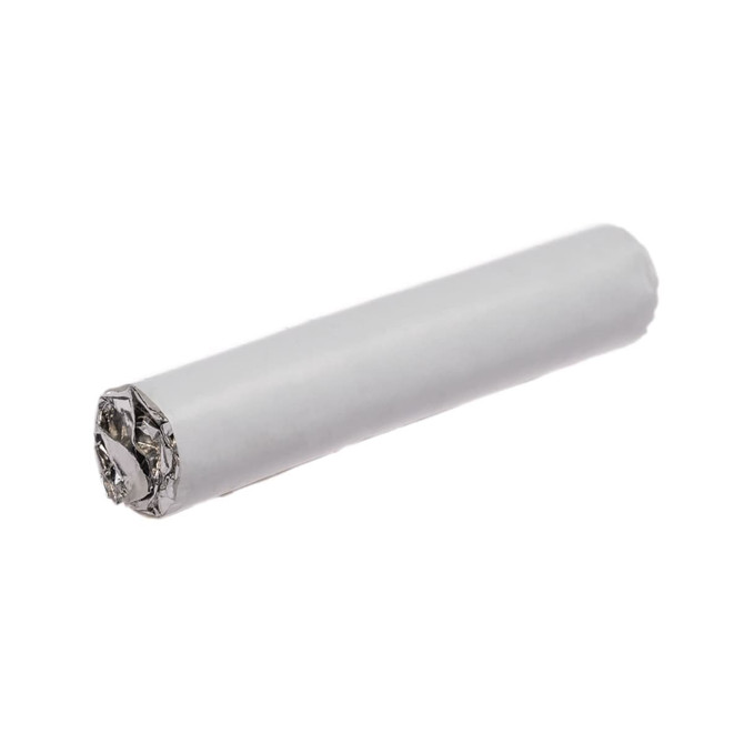 A white cylindrical confectionery item with a shiny foil end, resembling a candy roll.