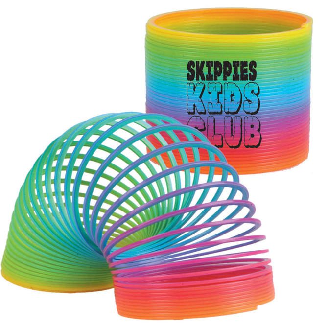 A colorful rainbow spring toy in vibrant shades of pink, blue, green, and orange, accompanied by a branded container.