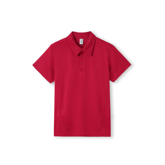 A red polyester polo shirt with a collar, featuring a logo on the chest.