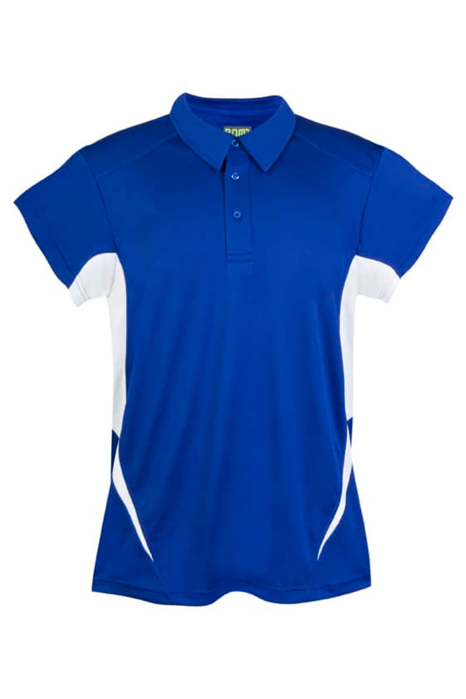 A blue and white polyester polo shirt featuring a collar and cap sleeves, with a logo on the front.