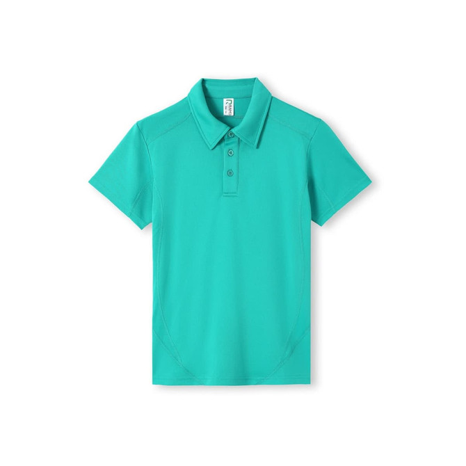 A turquoise polo shirt featuring short sleeves and a collar, with a logo on the front.